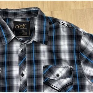 Chalc Western Blue Black Plaid Shirt XL Black Thread Detail Y2K